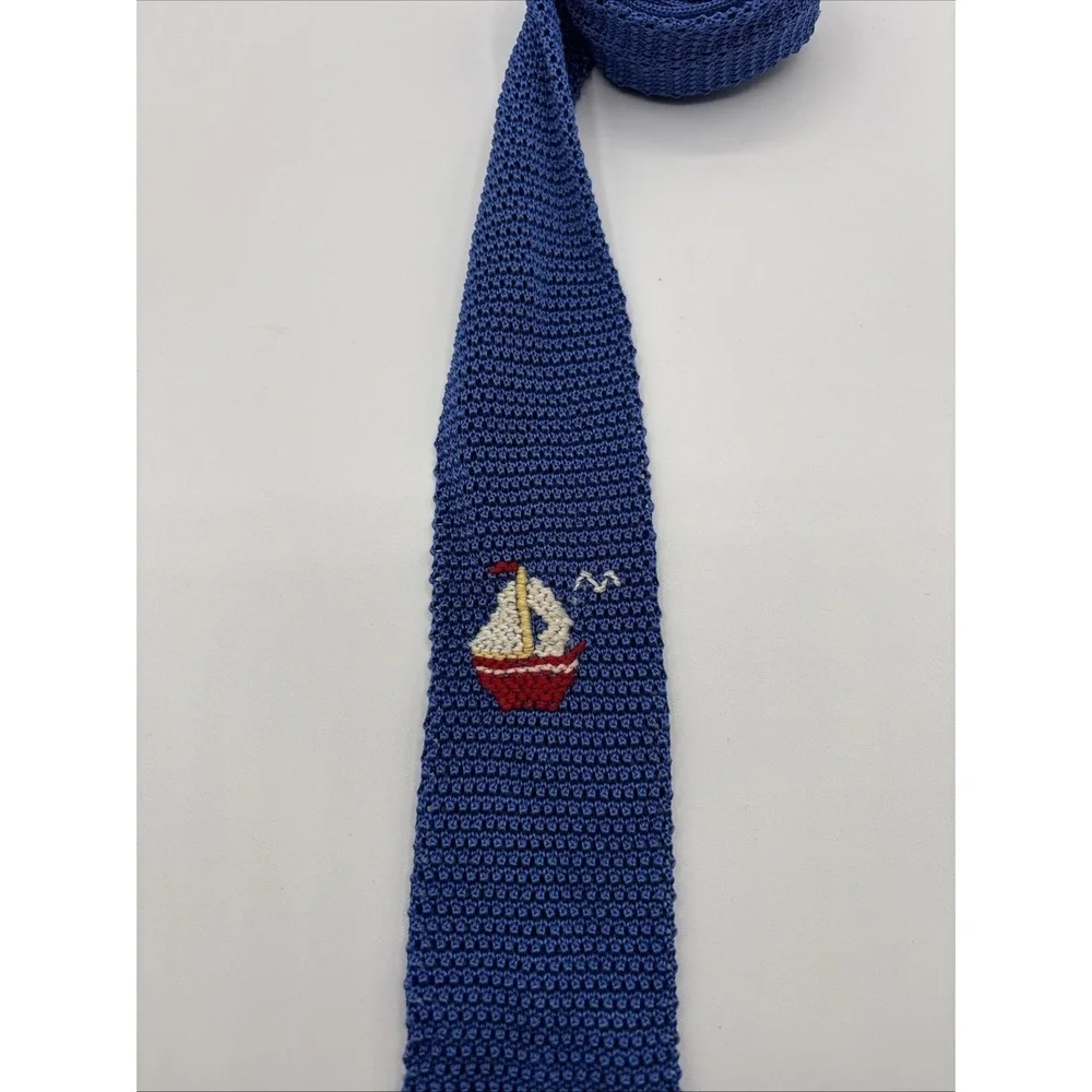 Ovadia & Sons Square Knit Tie Mens Blue Silk Sailboat Nauitcal Made In Italy